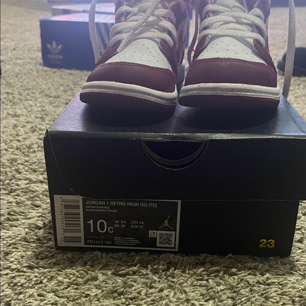 Jordan 1 Retro High OG TD in Red and White.  Excellent condition.